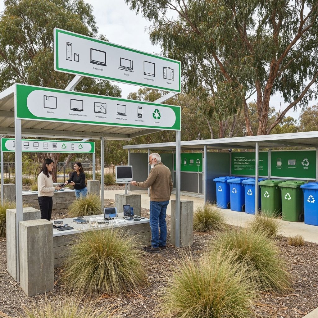 Ponto de coleta de eletrônicos na Austrália com sinalização educativa