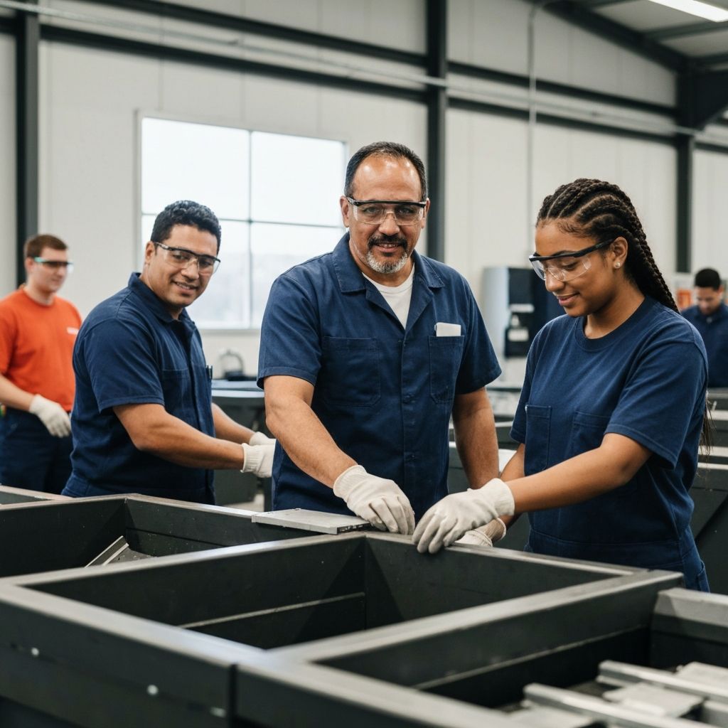 Trabalhadores em centro de reciclagem de eletrônicos com equipamentos de segurança