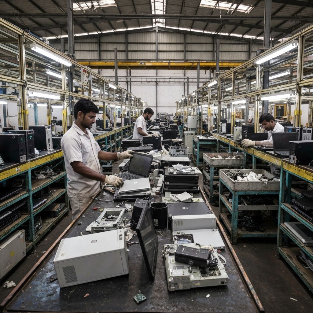 Trabalhadores em centro de reciclagem formal na Índia