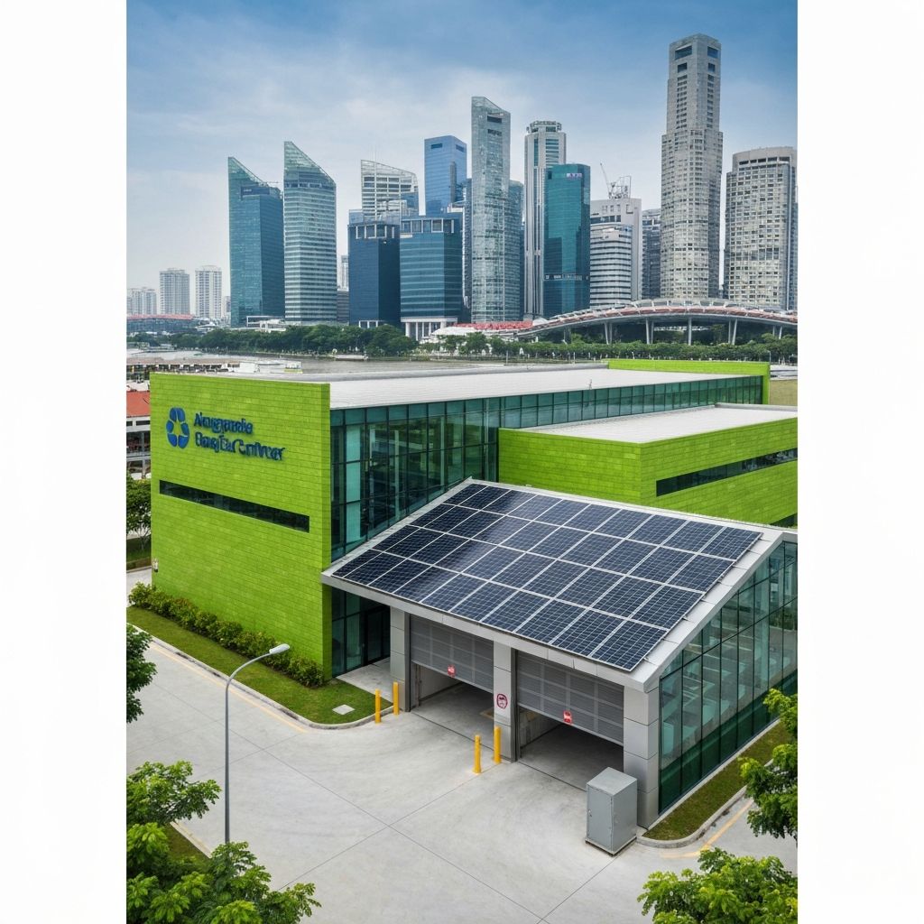 Skyline de Singapura com instalação de reciclagem de alta tecnologia em primeiro plano