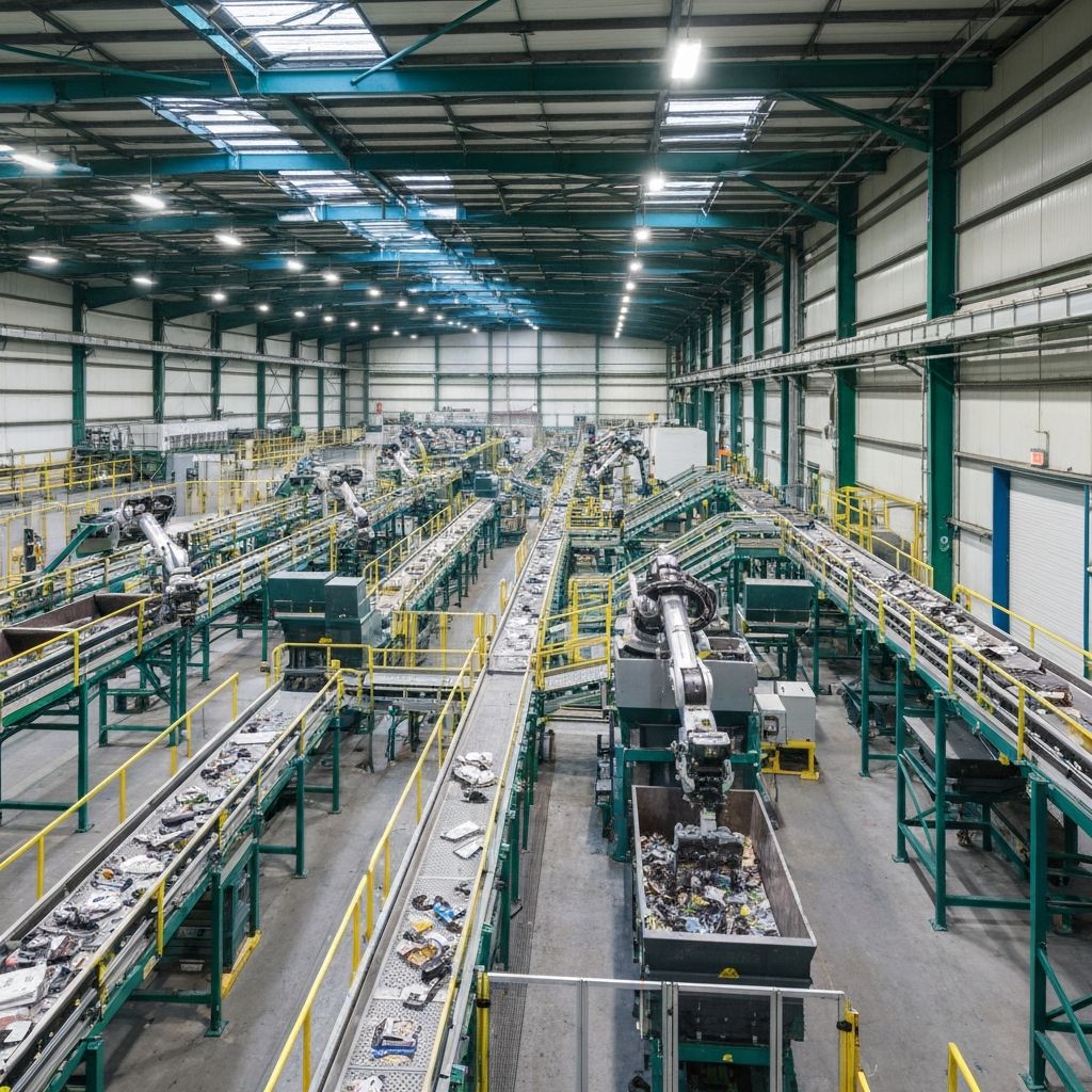 Interior da planta de reciclagem Veolia no Reino Unido com equipamentos automatizados